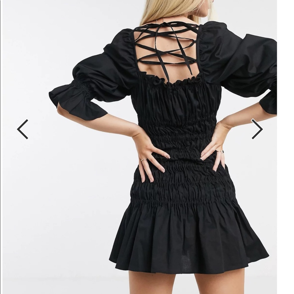 ASOS cotton poplin shirred mini dress with lace up back in black